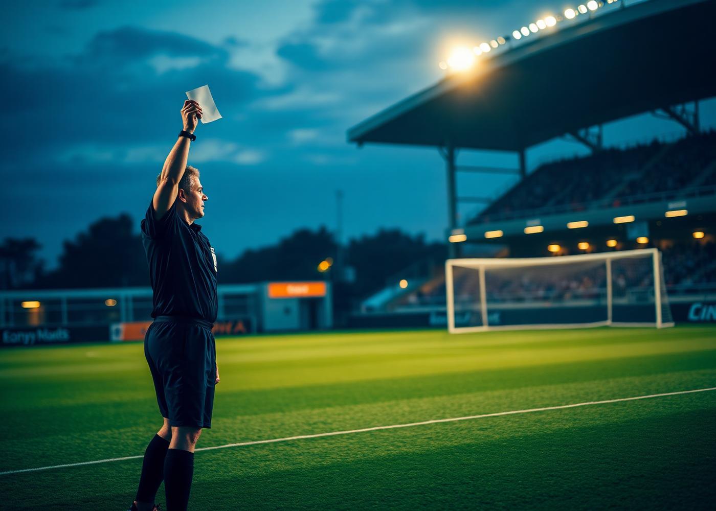 Soccer referee signaling on the field at dusk